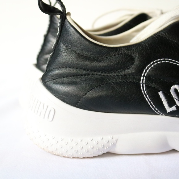 Love Moschino Black Leather Sneakers Running Shoes Heart Lace Up Women's 8 - Picture 6 of 11